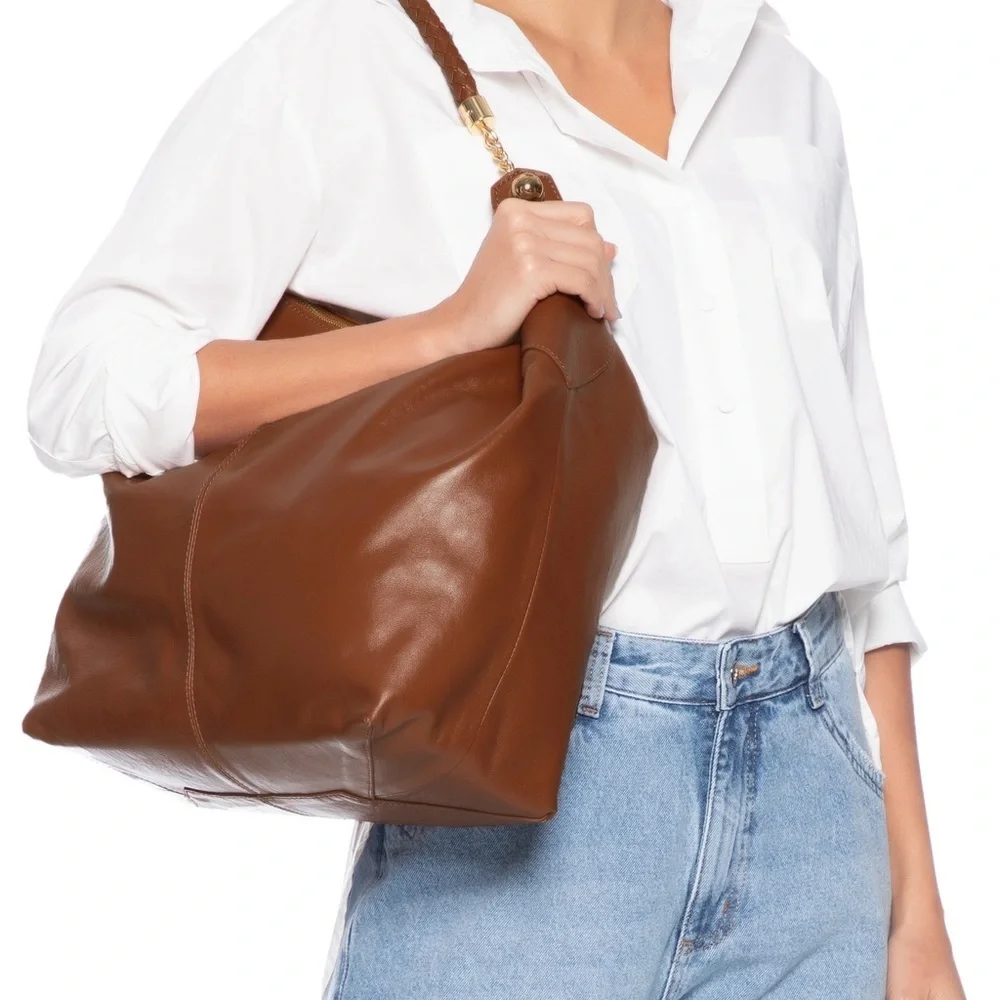 Women's Hobo Bag, Caramel Leather, Large, Brown Braided Strap, Arezzo